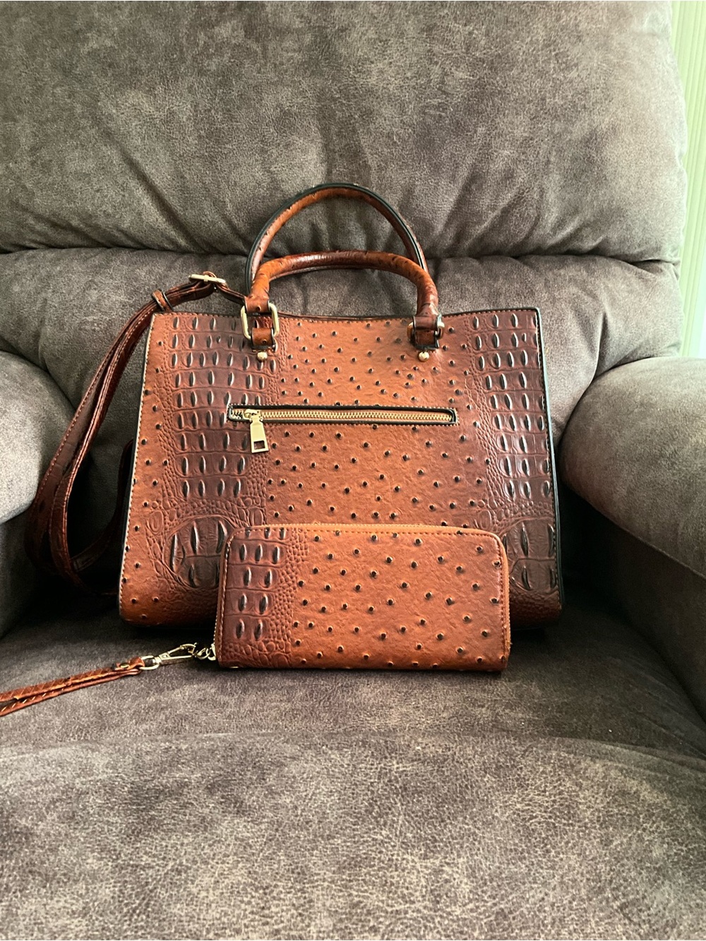 Brown Textured Satchel Handbag with Matching Wallet